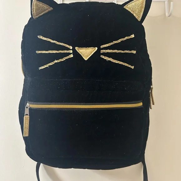 Black and gold sparkle cat velvet backpack Teen Girls Cute Cat Mini Backpack Velvet Daypack Portable  main image 3